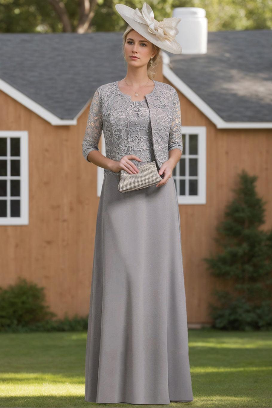 Long Scoop Neck Chiffon Gown with Lace and Half Sleeves for the Mother of the Bride
