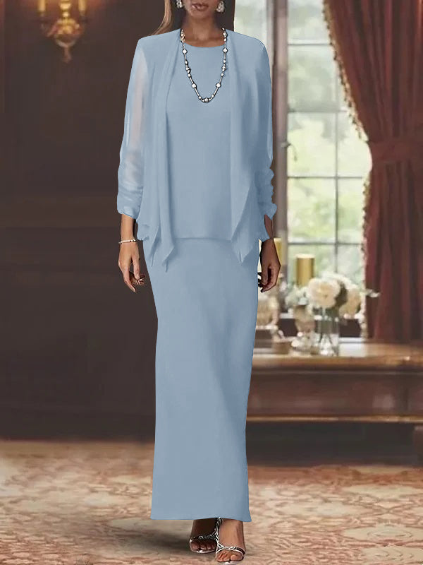 Long Scoop Neck Sheath Dress with Long Sleeves and Jacket for the Mother of the Bride
