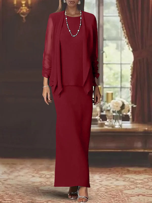 Long Scoop Neck Sheath Dress with Long Sleeves and Jacket for the Mother of the Bride