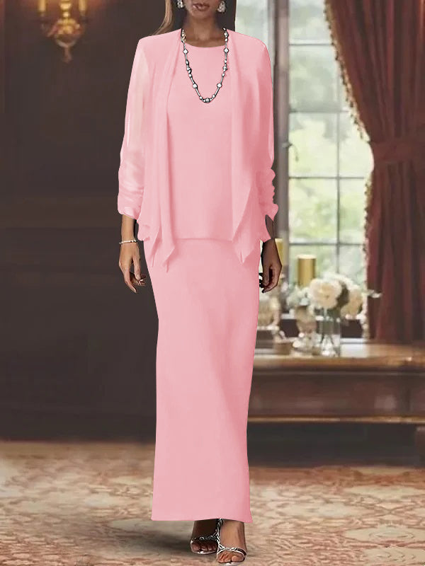 Long Scoop Neck Sheath Dress with Long Sleeves and Jacket for the Mother of the Bride