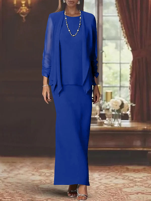 Long Scoop Neck Sheath Dress with Long Sleeves and Jacket for the Mother of the Bride
