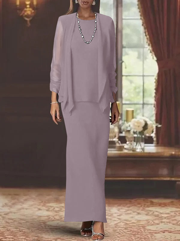 Long Scoop Neck Sheath Dress with Long Sleeves and Jacket for the Mother of the Bride