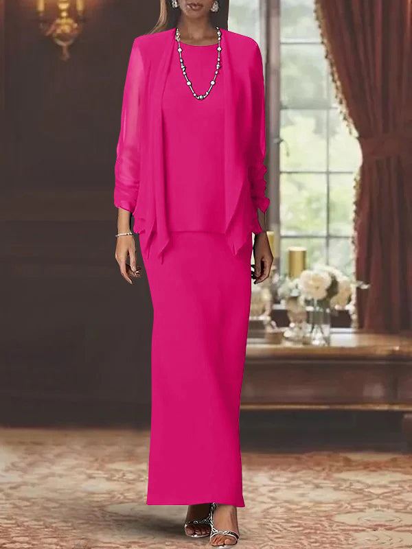 Long Scoop Neck Sheath Dress with Long Sleeves and Jacket for the Mother of the Bride