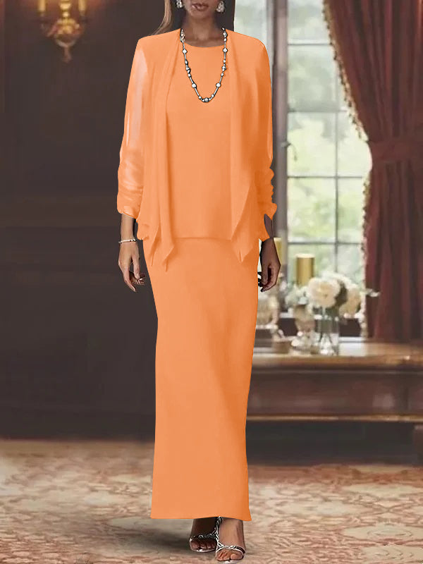 Long Scoop Neck Sheath Dress with Long Sleeves and Jacket for the Mother of the Bride