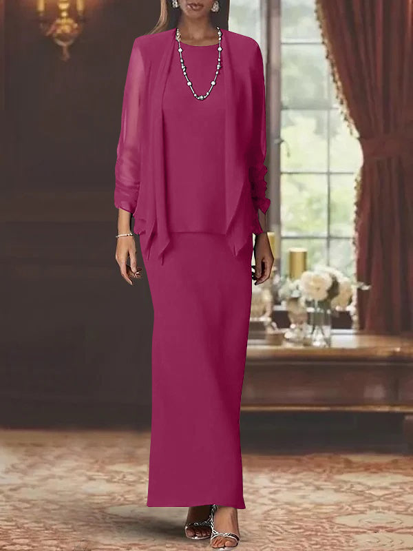 Long Scoop Neck Sheath Dress with Long Sleeves and Jacket for the Mother of the Bride