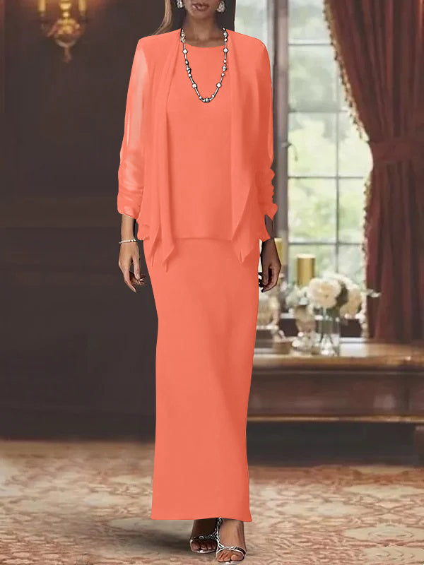 Long Scoop Neck Sheath Dress with Long Sleeves and Jacket for the Mother of the Bride