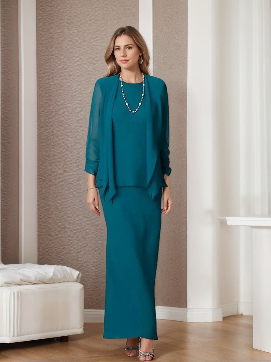 Long Scoop Neck Sheath Dress with Long Sleeves and Jacket for the Mother of the Bride