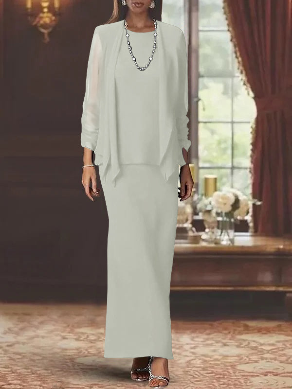Long Scoop Neck Sheath Dress with Long Sleeves and Jacket for the Mother of the Bride
