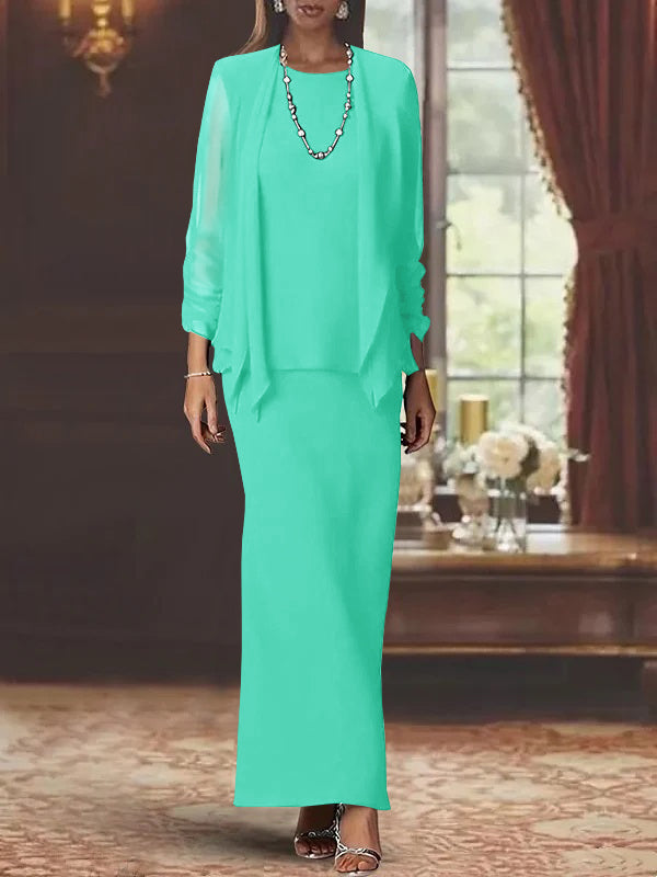 Long Scoop Neck Sheath Dress with Long Sleeves and Jacket for the Mother of the Bride