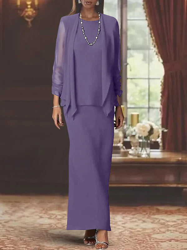 Long Scoop Neck Sheath Dress with Long Sleeves and Jacket for the Mother of the Bride
