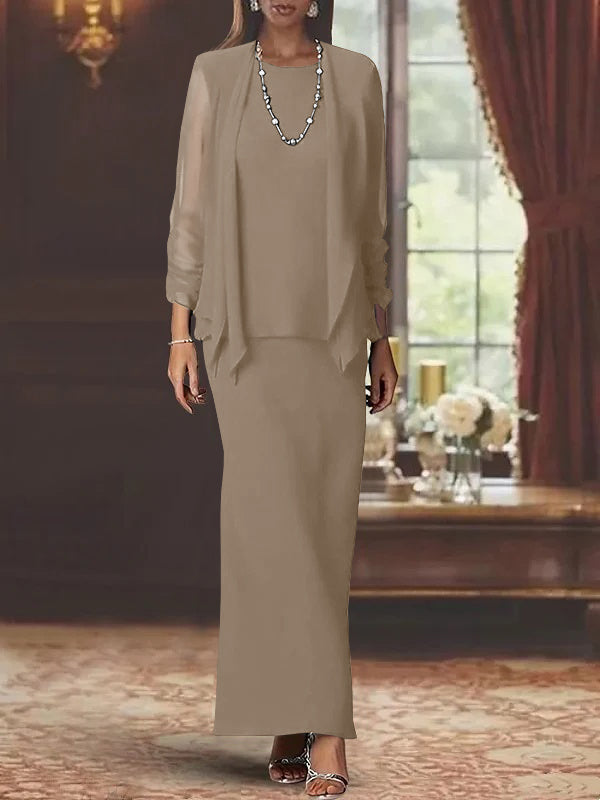Long Scoop Neck Sheath Dress with Long Sleeves and Jacket for the Mother of the Bride