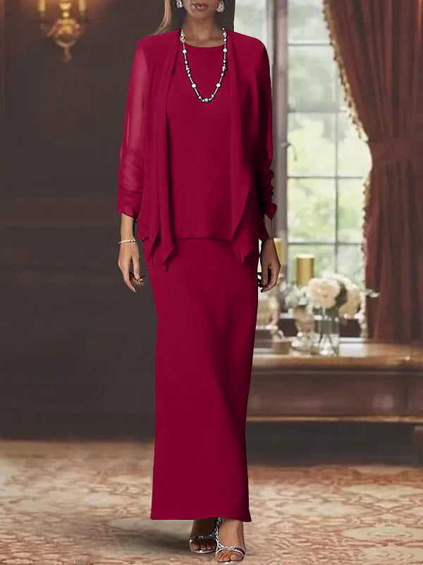 Long Scoop Neck Sheath Dress with Long Sleeves and Jacket for the Mother of the Bride