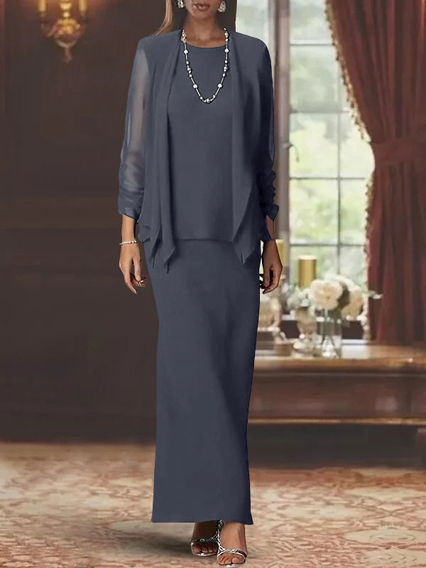 Long Scoop Neck Sheath Dress with Long Sleeves and Jacket for the Mother of the Bride