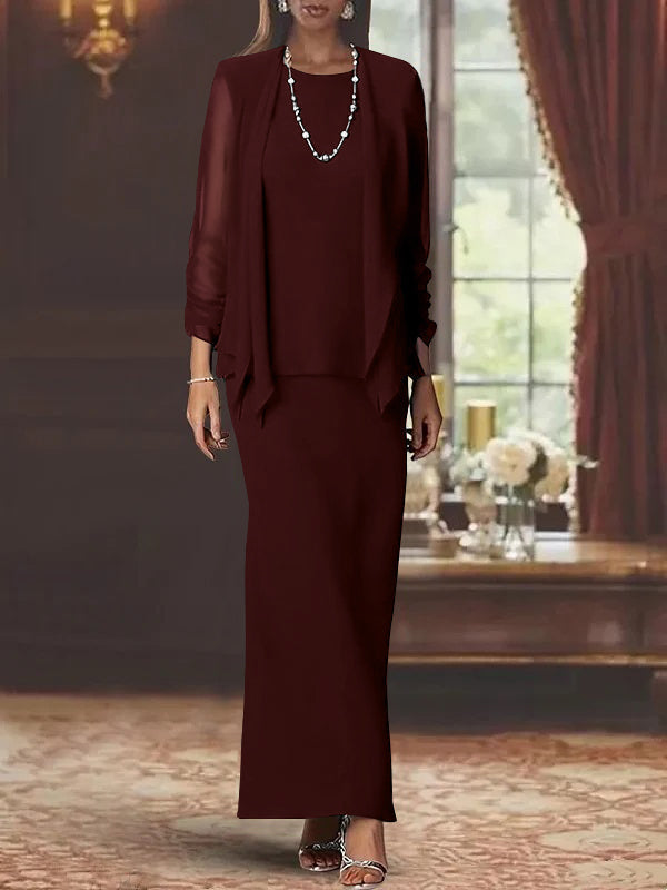 Long Scoop Neck Sheath Dress with Long Sleeves and Jacket for the Mother of the Bride