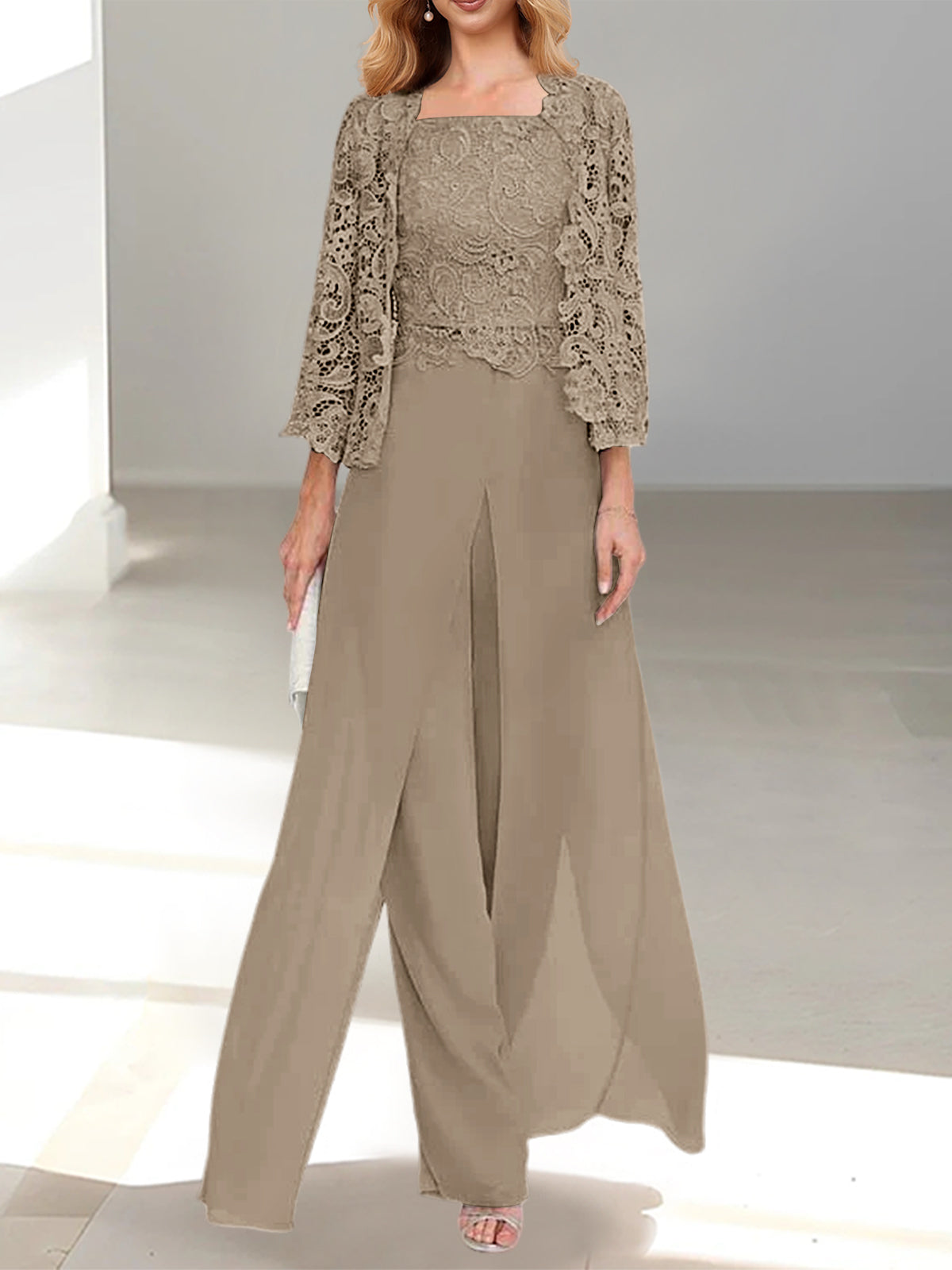 Long Square Neck Chiffon Mother of the Bride Pantsuit with Jacket & Side Split