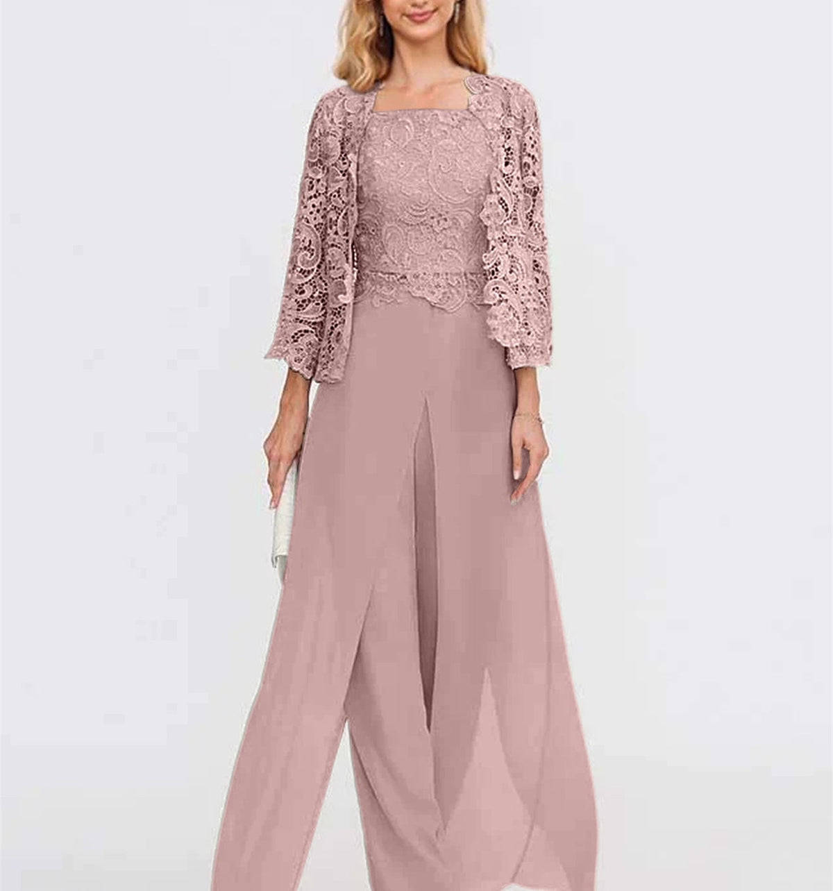 Long Square Neck Chiffon Mother of the Bride Pantsuit with Jacket & Side Split