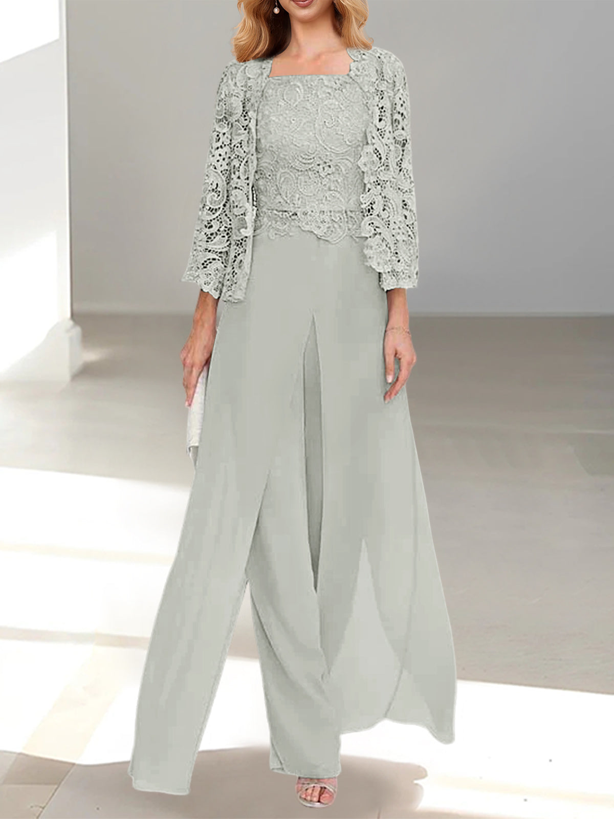 Long Square Neck Chiffon Mother of the Bride Pantsuit with Jacket & Side Split