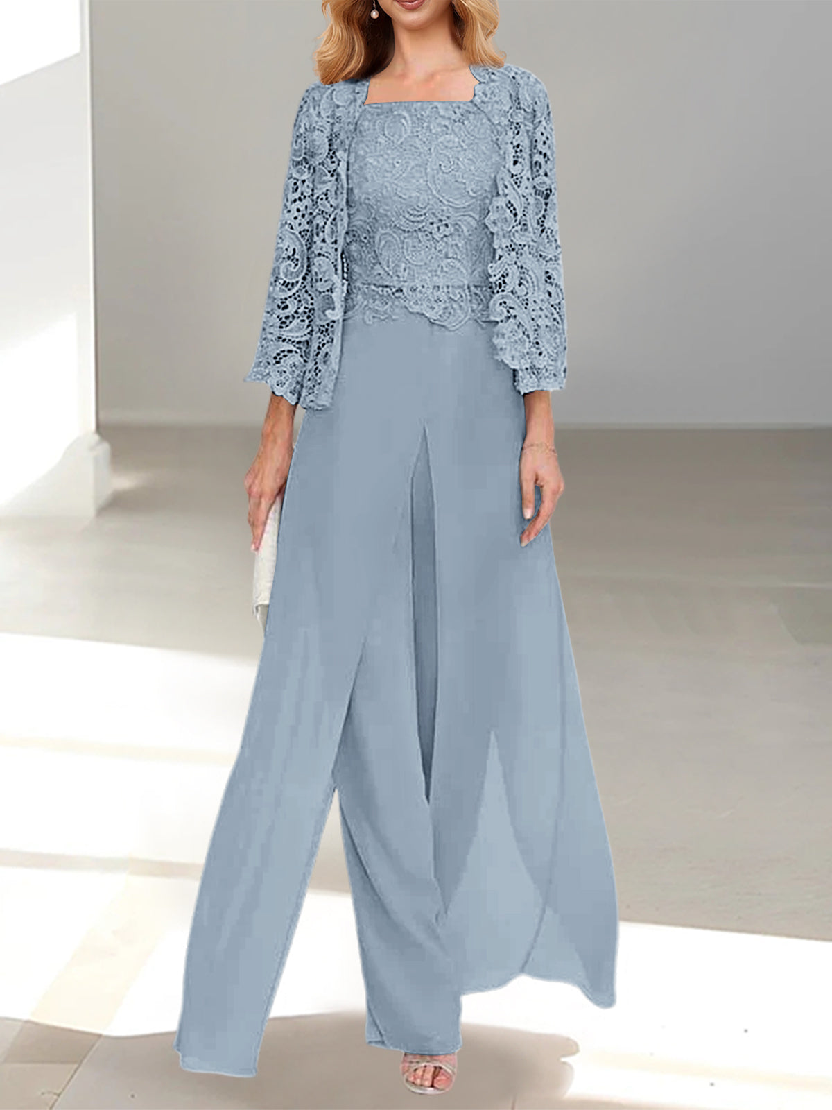 Long Square Neck Chiffon Mother of the Bride Pantsuit with Jacket & Side Split