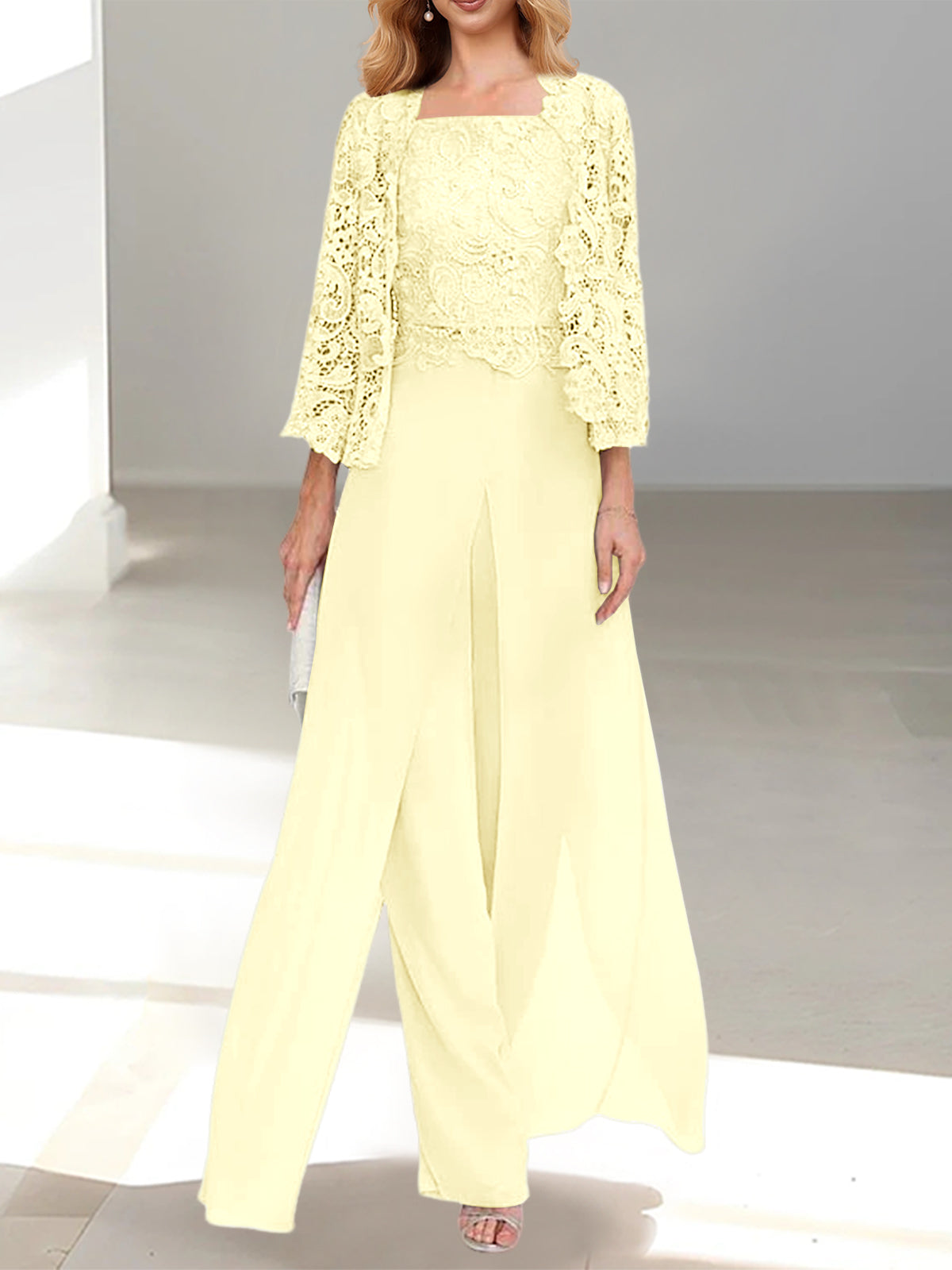 Long Square Neck Chiffon Mother of the Bride Pantsuit with Jacket & Side Split