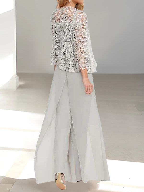 Long Square Neck Chiffon Mother of the Bride Pantsuit with Jacket & Side Split