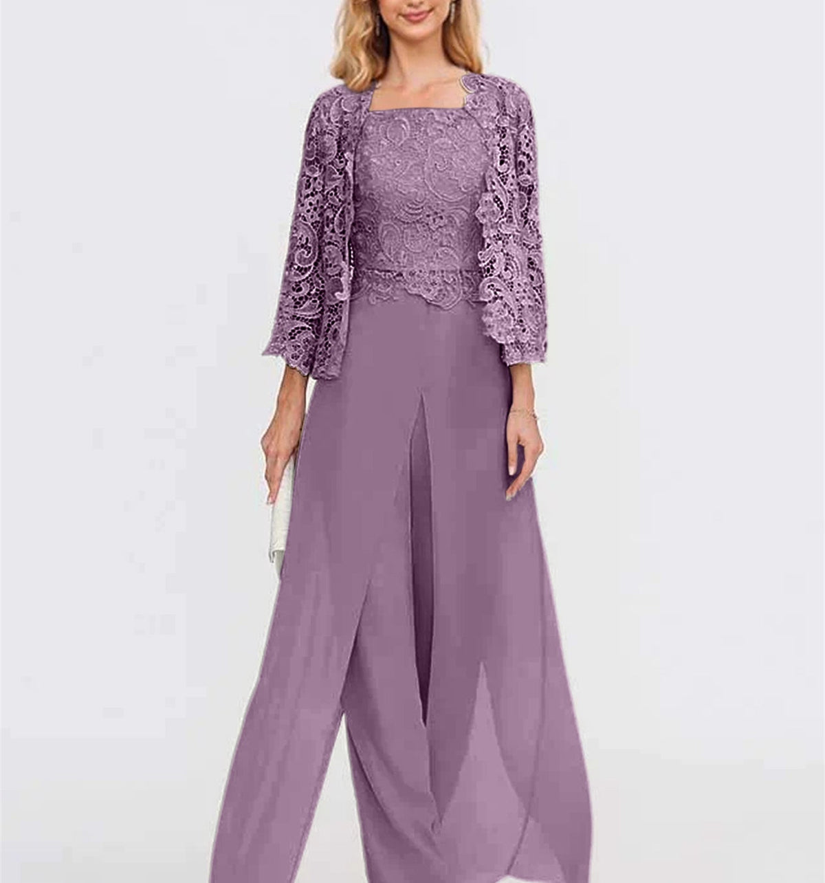 Long Square Neck Chiffon Mother of the Bride Pantsuit with Jacket & Side Split
