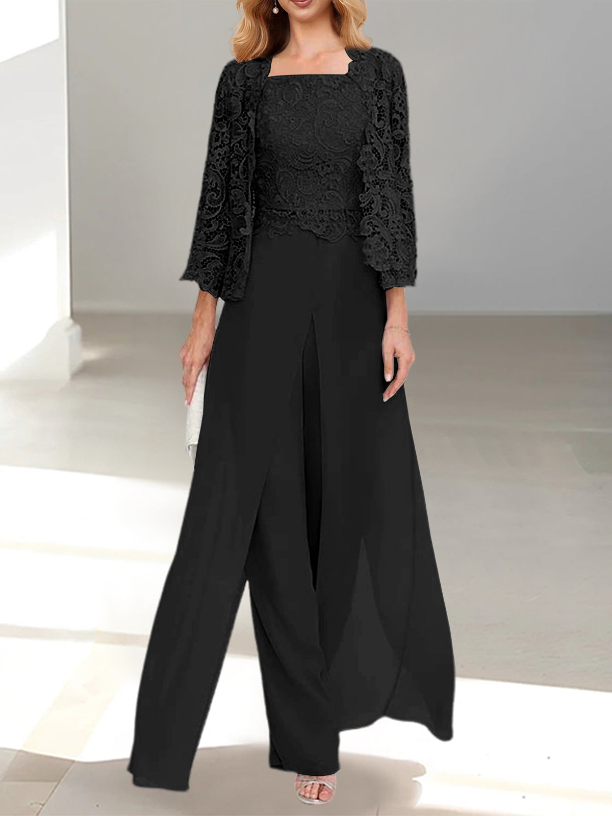 Long Square Neck Chiffon Mother of the Bride Pantsuit with Jacket & Side Split