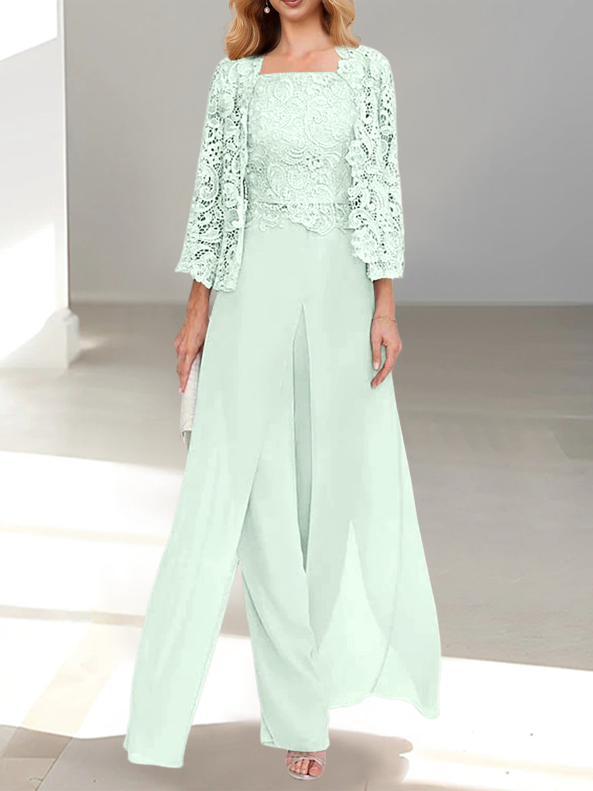 Long Square Neck Chiffon Mother of the Bride Pantsuit with Jacket & Side Split