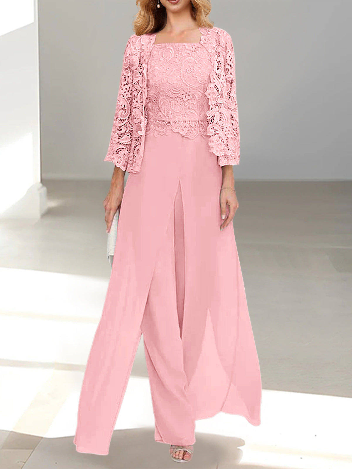 Long Square Neck Chiffon Mother of the Bride Pantsuit with Jacket & Side Split