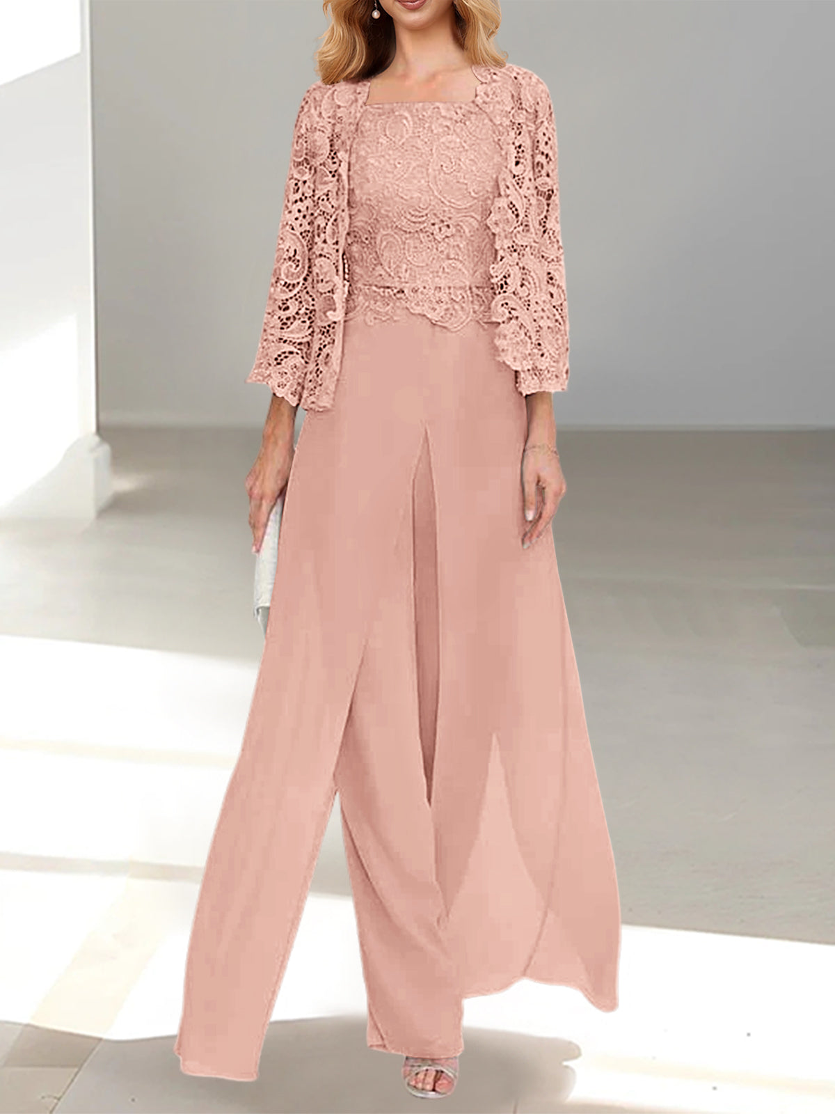 Long Square Neck Chiffon Mother of the Bride Pantsuit with Jacket & Side Split