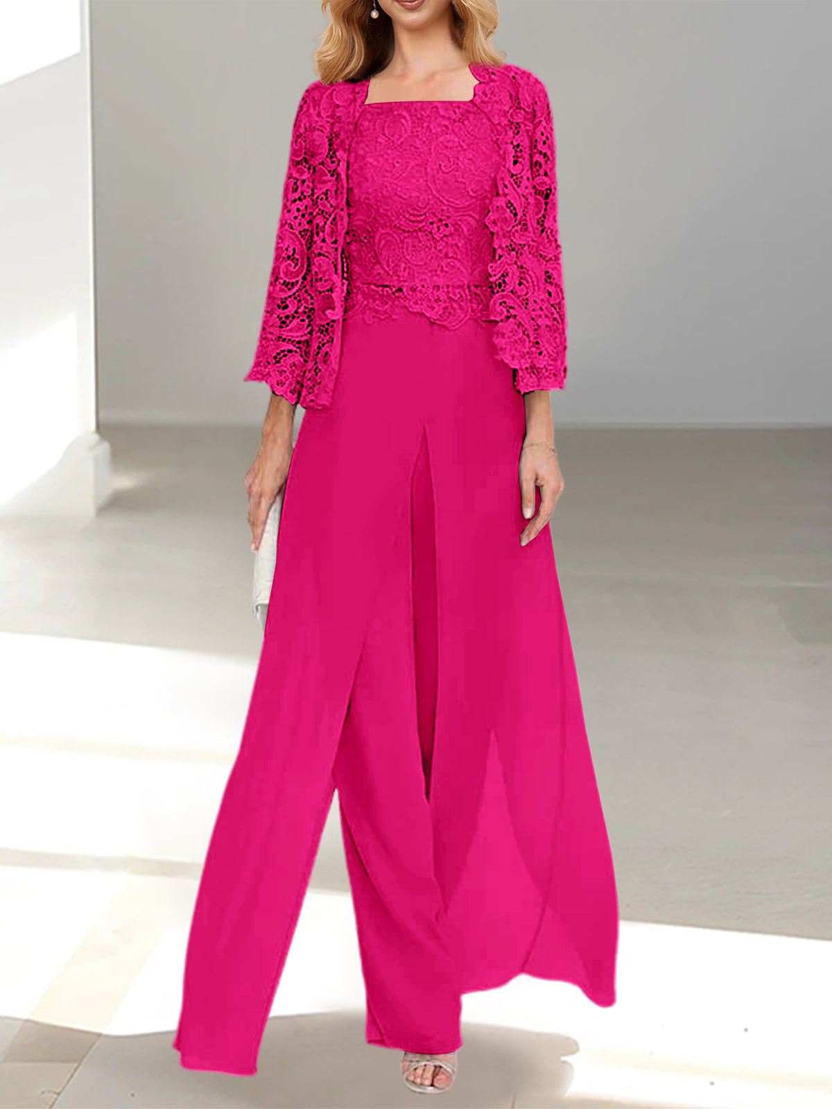 Long Square Neck Chiffon Mother of the Bride Pantsuit with Jacket & Side Split