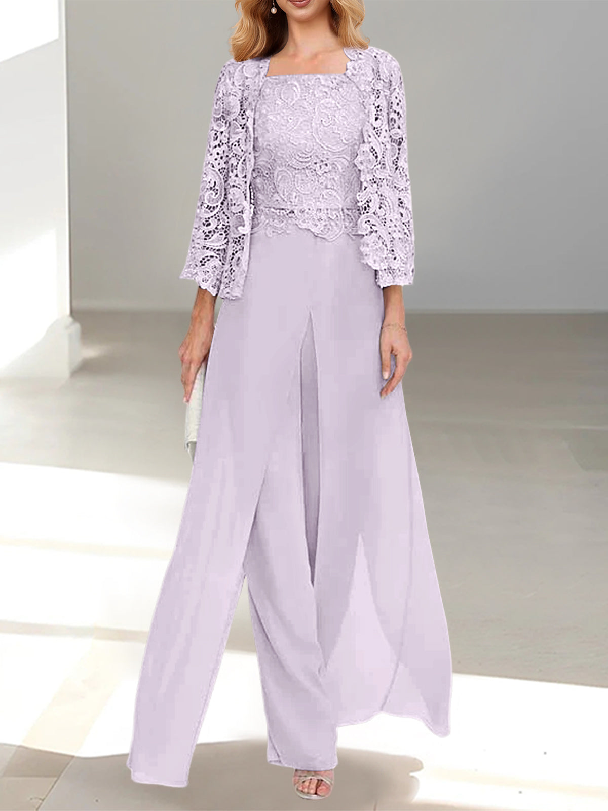 Long Square Neck Chiffon Mother of the Bride Pantsuit with Jacket & Side Split