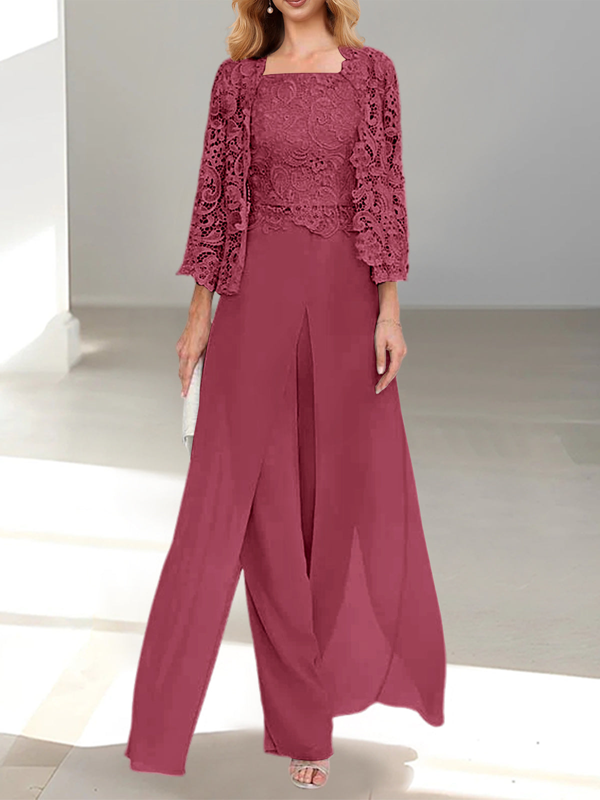 Long Square Neck Chiffon Mother of the Bride Pantsuit with Jacket & Side Split