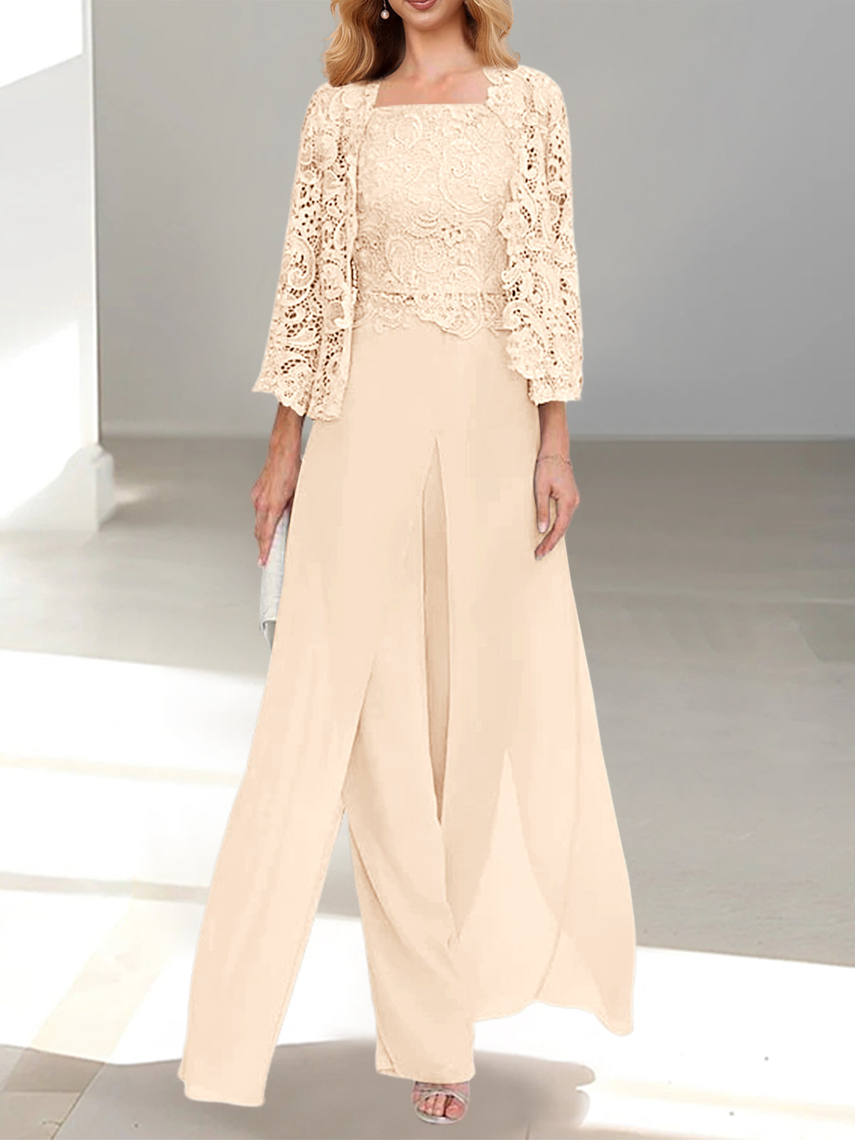 Long Square Neck Chiffon Mother of the Bride Pantsuit with Jacket & Side Split