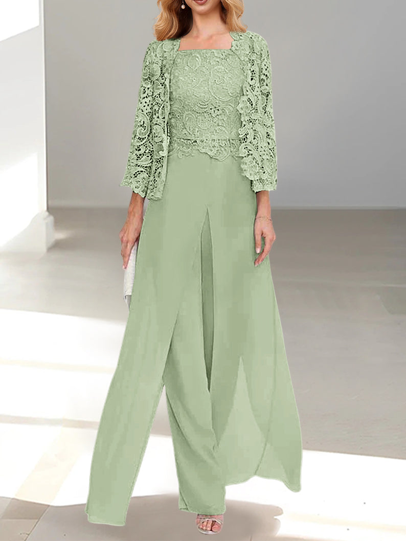 Long Square Neck Chiffon Mother of the Bride Pantsuit with Jacket & Side Split