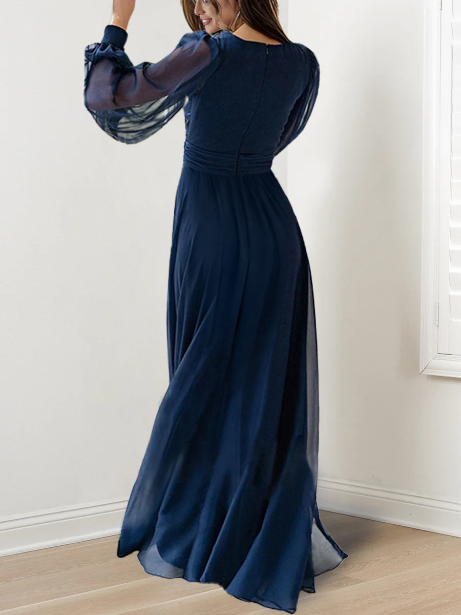 Long V Neck A Line Gown with Ruffles for the Mother of the Bride