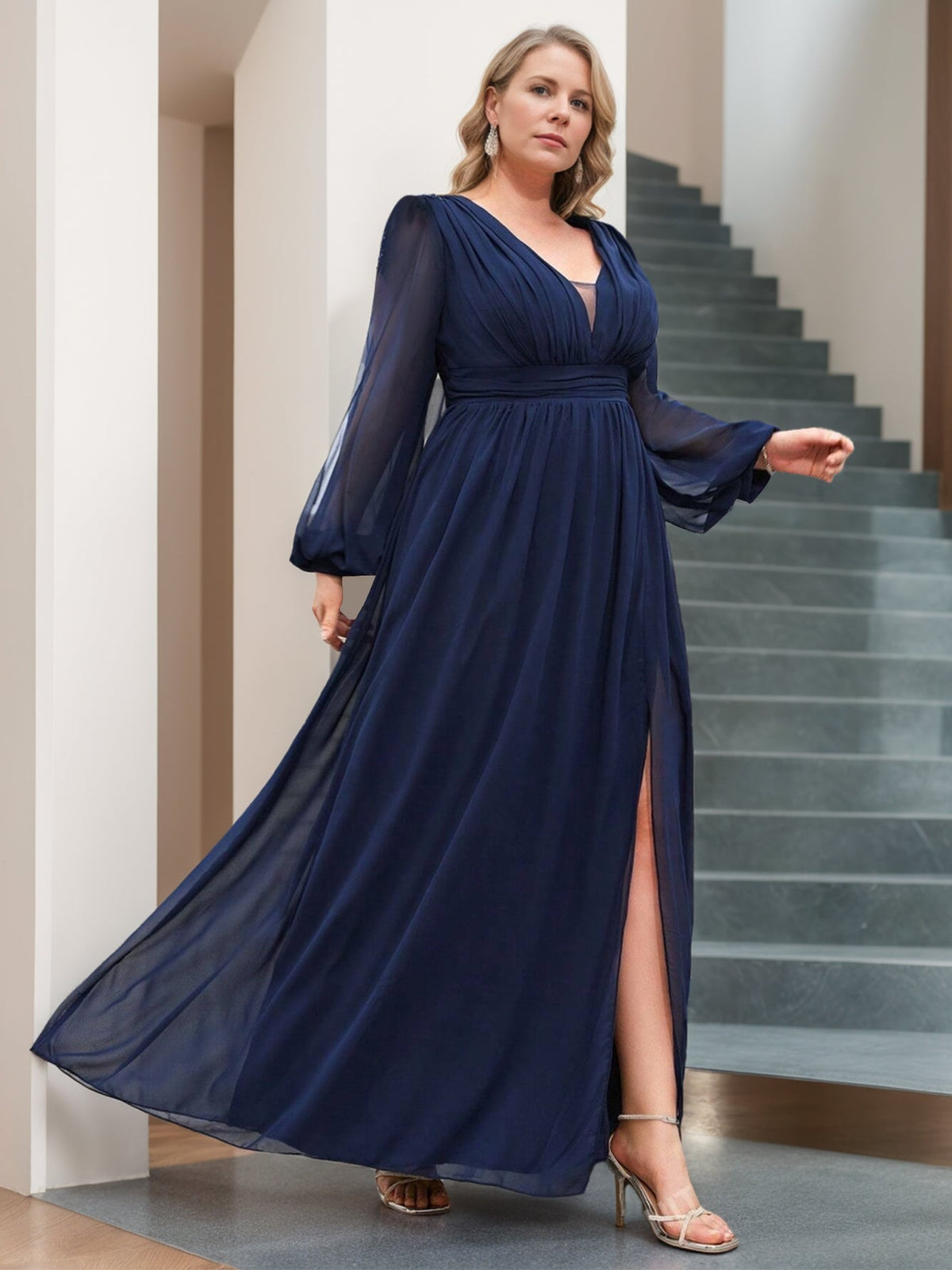 Long V Neck A Line Gown with Ruffles for the Mother of the Bride