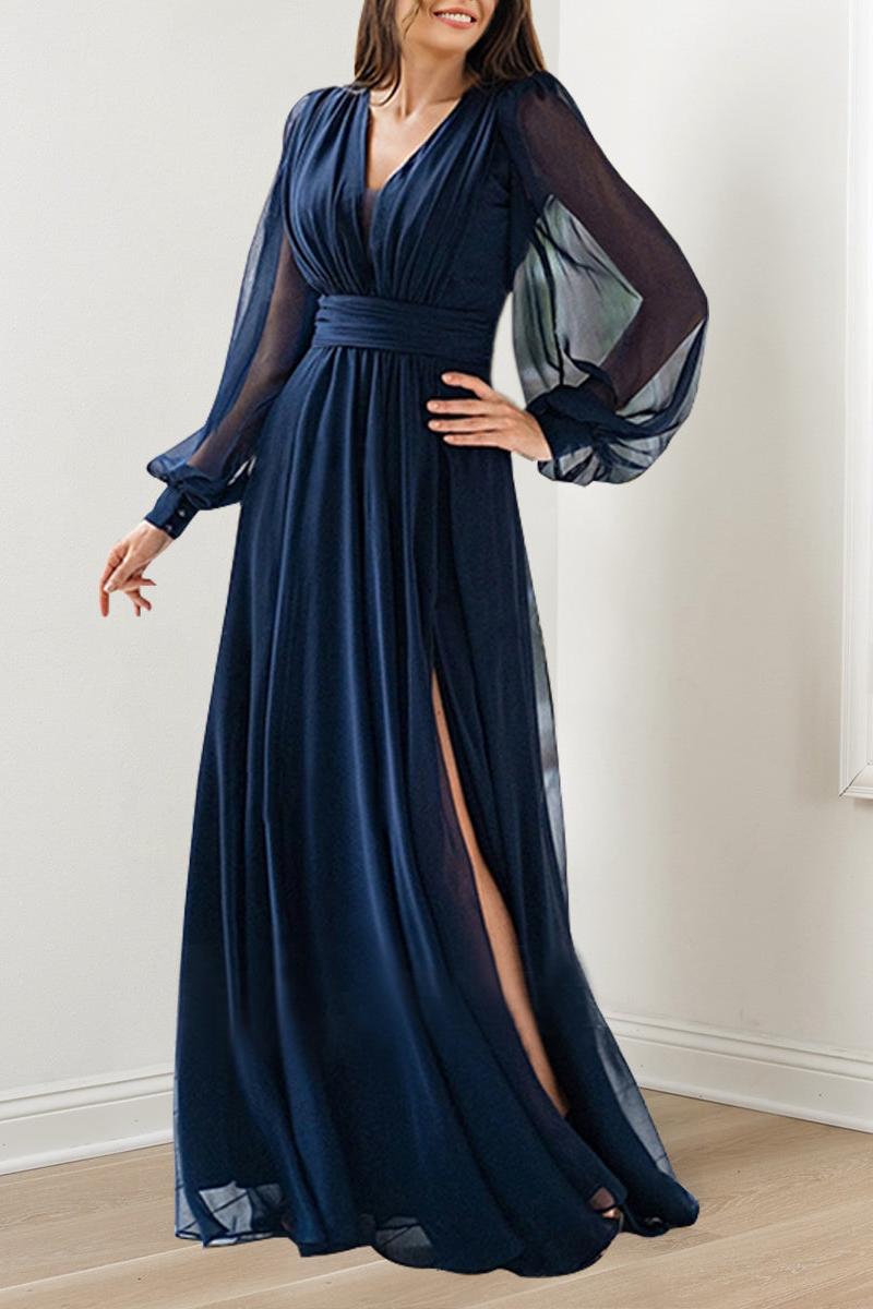 Long V Neck A Line Gown with Ruffles for the Mother of the Bride