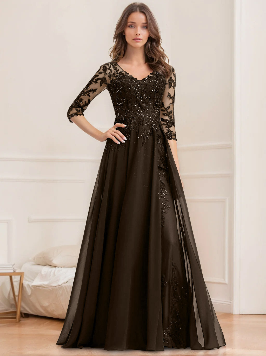 Long V Neck A Line Mother of the Bride Dress with Half Sleeves and Sequins