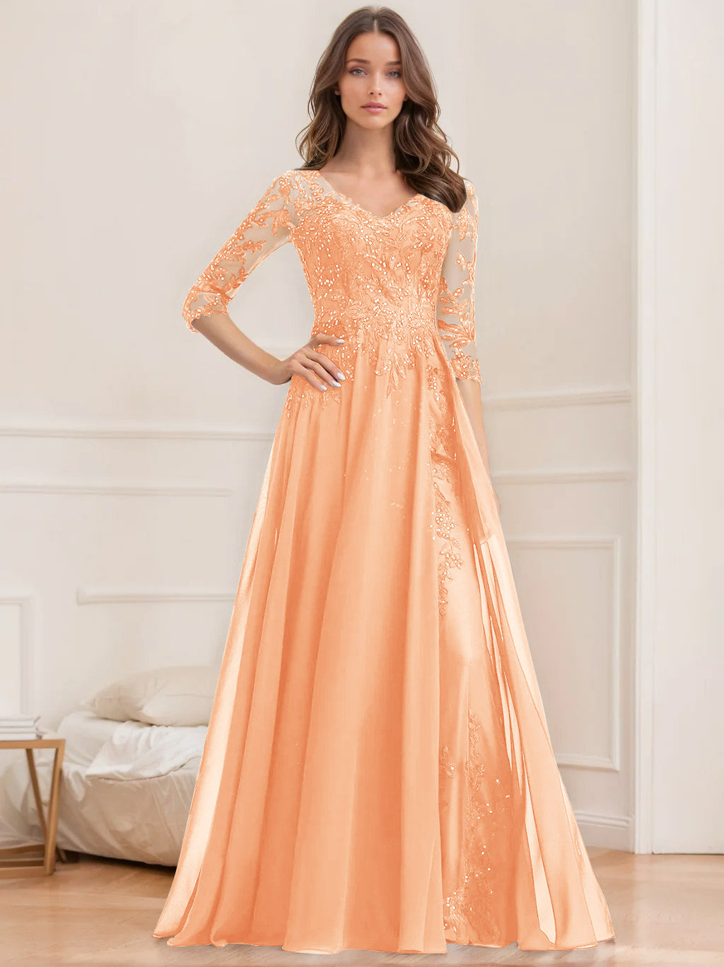 Long V Neck A Line Mother of the Bride Dress with Half Sleeves and Sequins