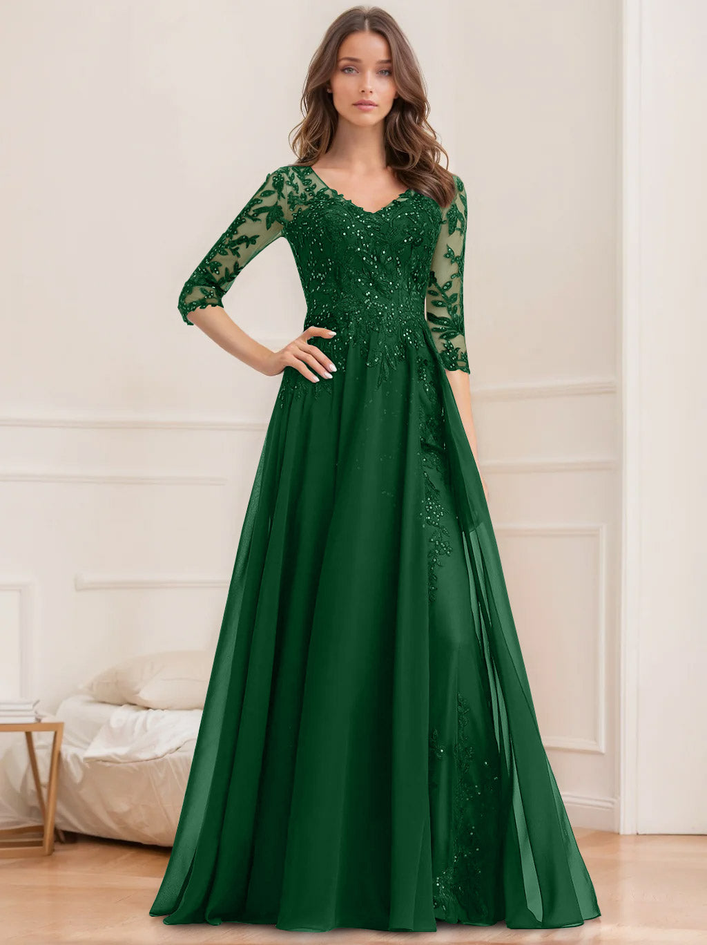 Long V Neck A Line Mother of the Bride Dress with Half Sleeves and Sequins