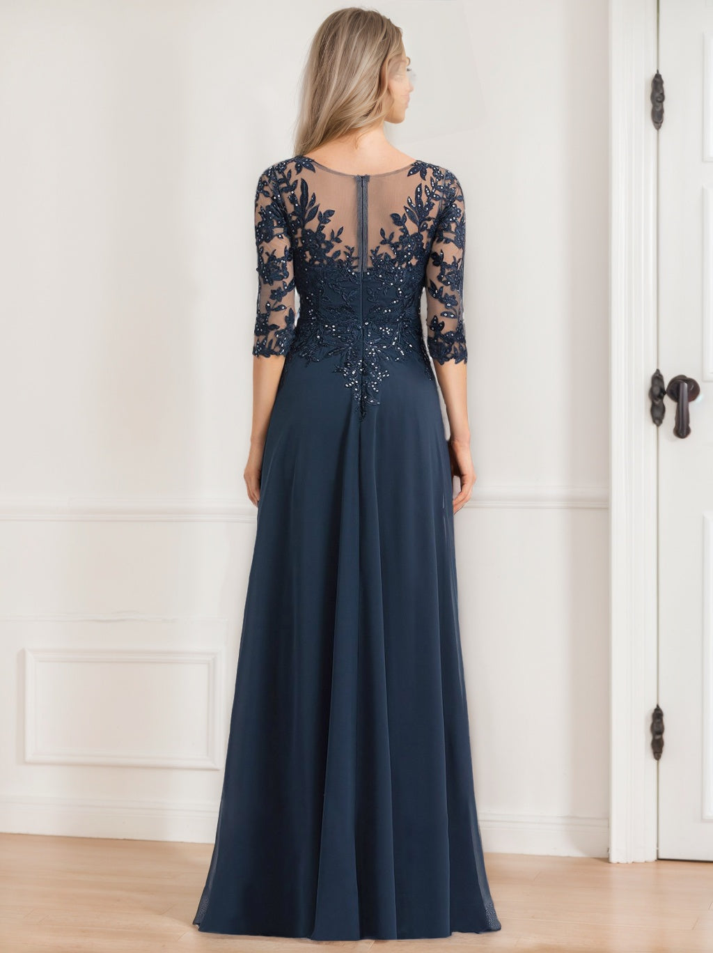 Long V Neck A Line Mother of the Bride Dress with Half Sleeves and Sequins