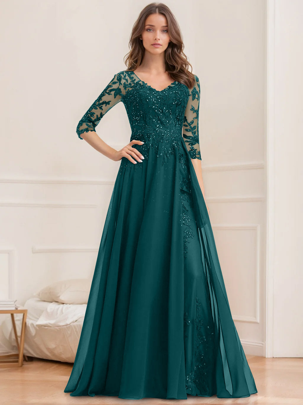 Long V Neck A Line Mother of the Bride Dress with Half Sleeves and Sequins