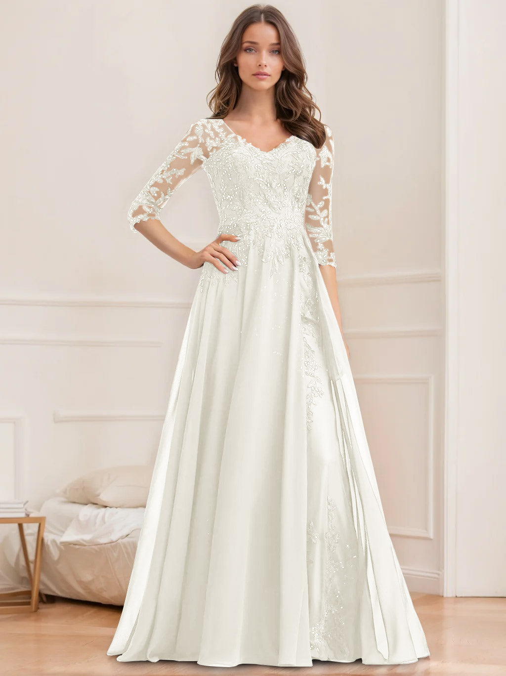 Long V Neck A Line Mother of the Bride Dress with Half Sleeves and Sequins