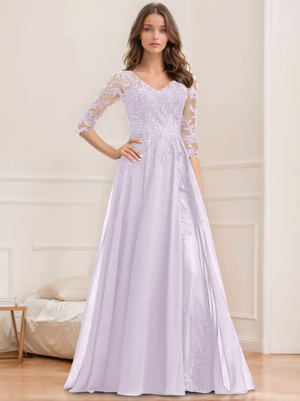 Long V Neck A Line Mother of the Bride Dress with Half Sleeves and Sequins
