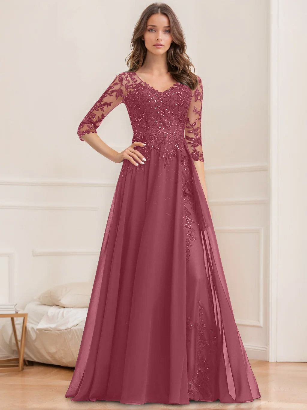 Long V Neck A Line Mother of the Bride Dress with Half Sleeves and Sequins