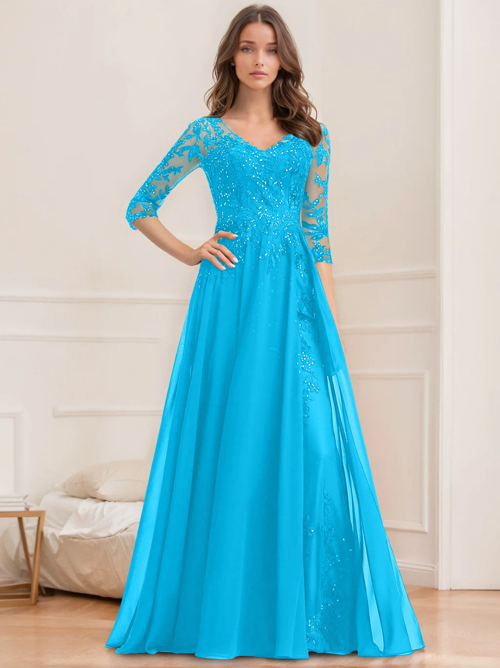 Long V Neck A Line Mother of the Bride Dress with Half Sleeves and Sequins