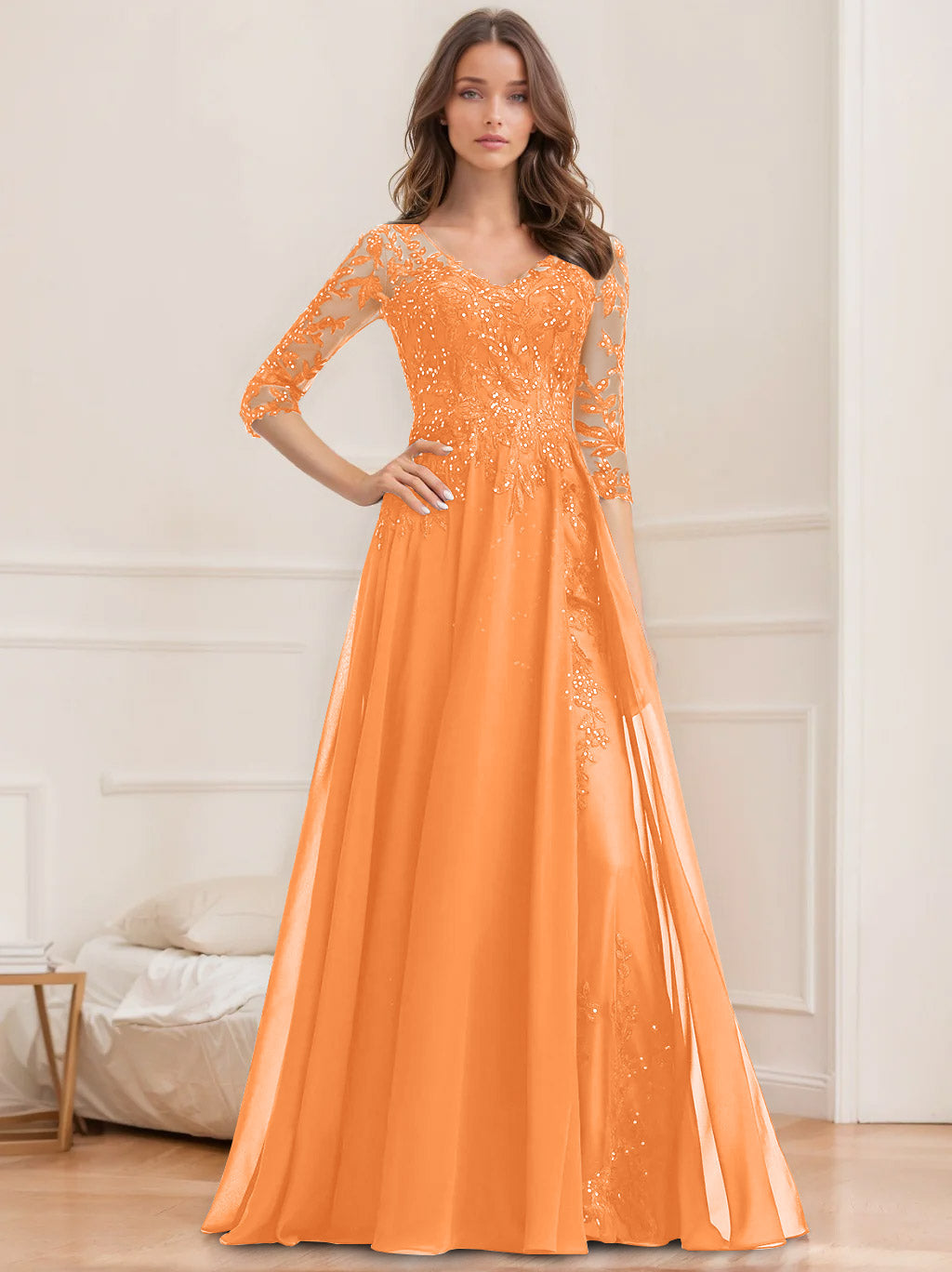 Long V Neck A Line Mother of the Bride Dress with Half Sleeves and Sequins