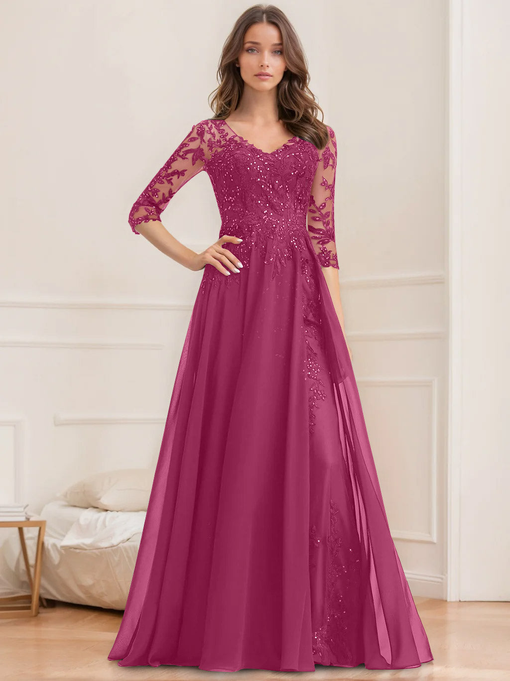 Long V Neck A Line Mother of the Bride Dress with Half Sleeves and Sequins