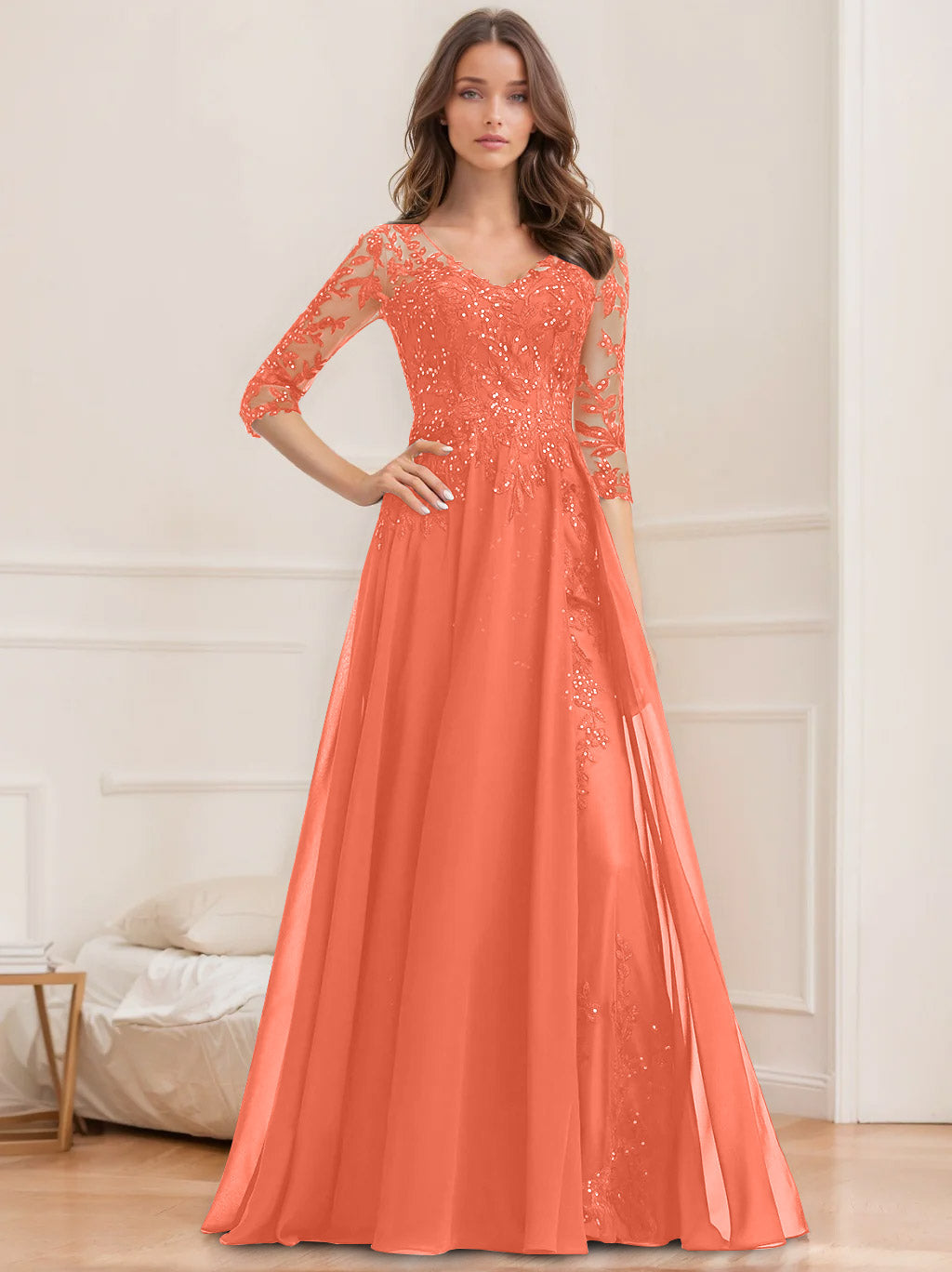 Long V Neck A Line Mother of the Bride Dress with Half Sleeves and Sequins