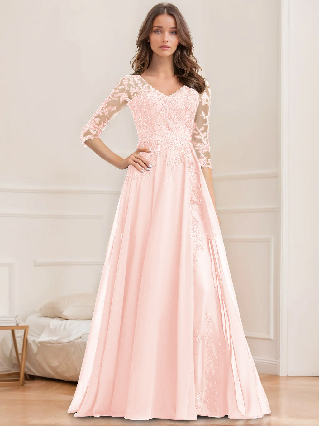 Long V Neck A Line Mother of the Bride Dress with Half Sleeves and Sequins